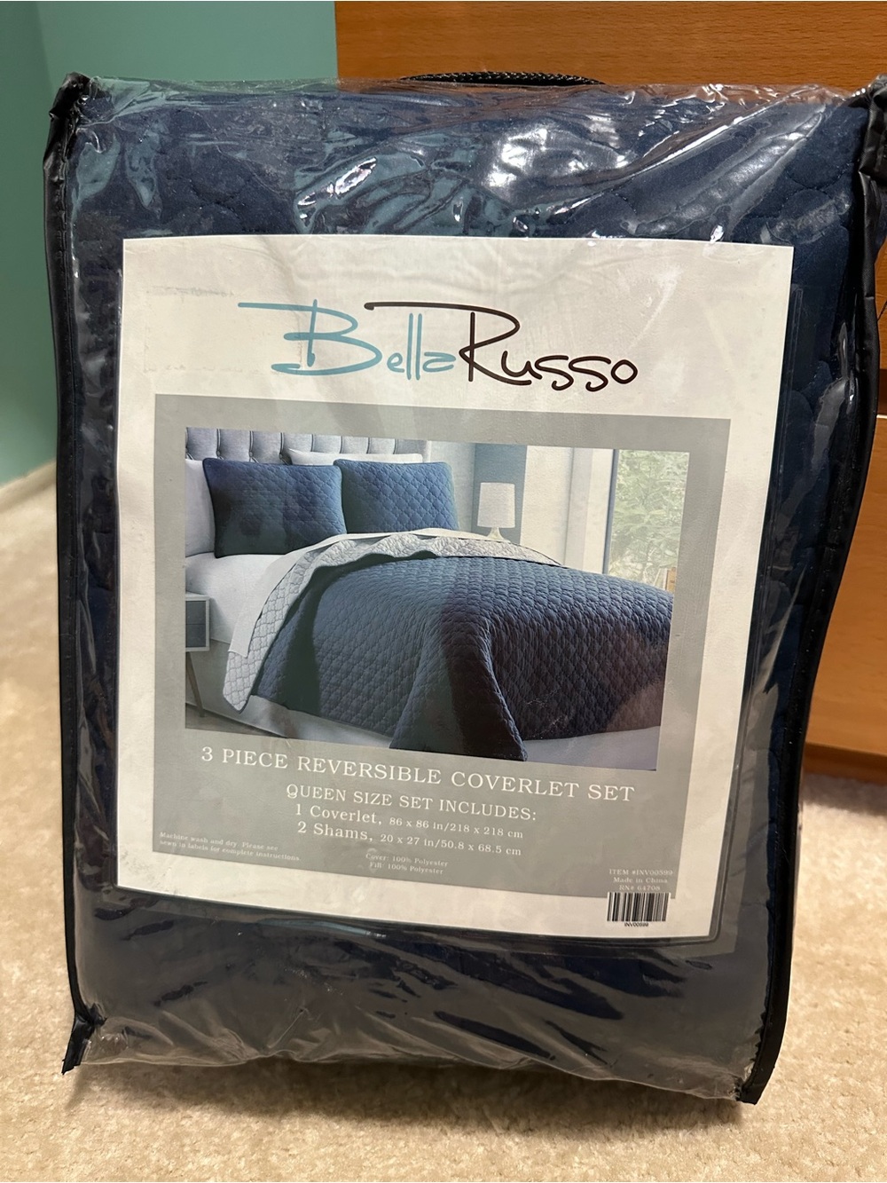 Bella Russo 3 Piece Reversible Coverlet Set Queen Navy